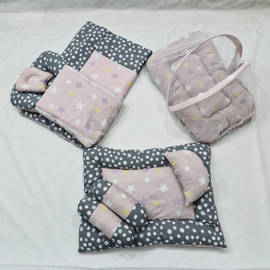 8 Pieces Bedding Set - Gray Circles & Pink Stars