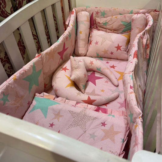 8 Pieces Cot Bedding Set - Stars - Pink