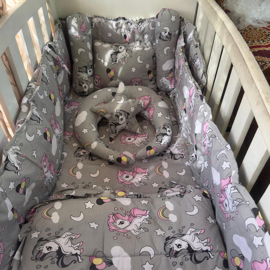 8 Pieces Cot Bedding Set - Grey - Unicorn