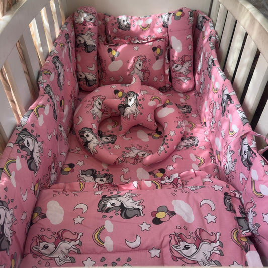 8 Pieces Cot Bedding Set - Unicorn - Pink