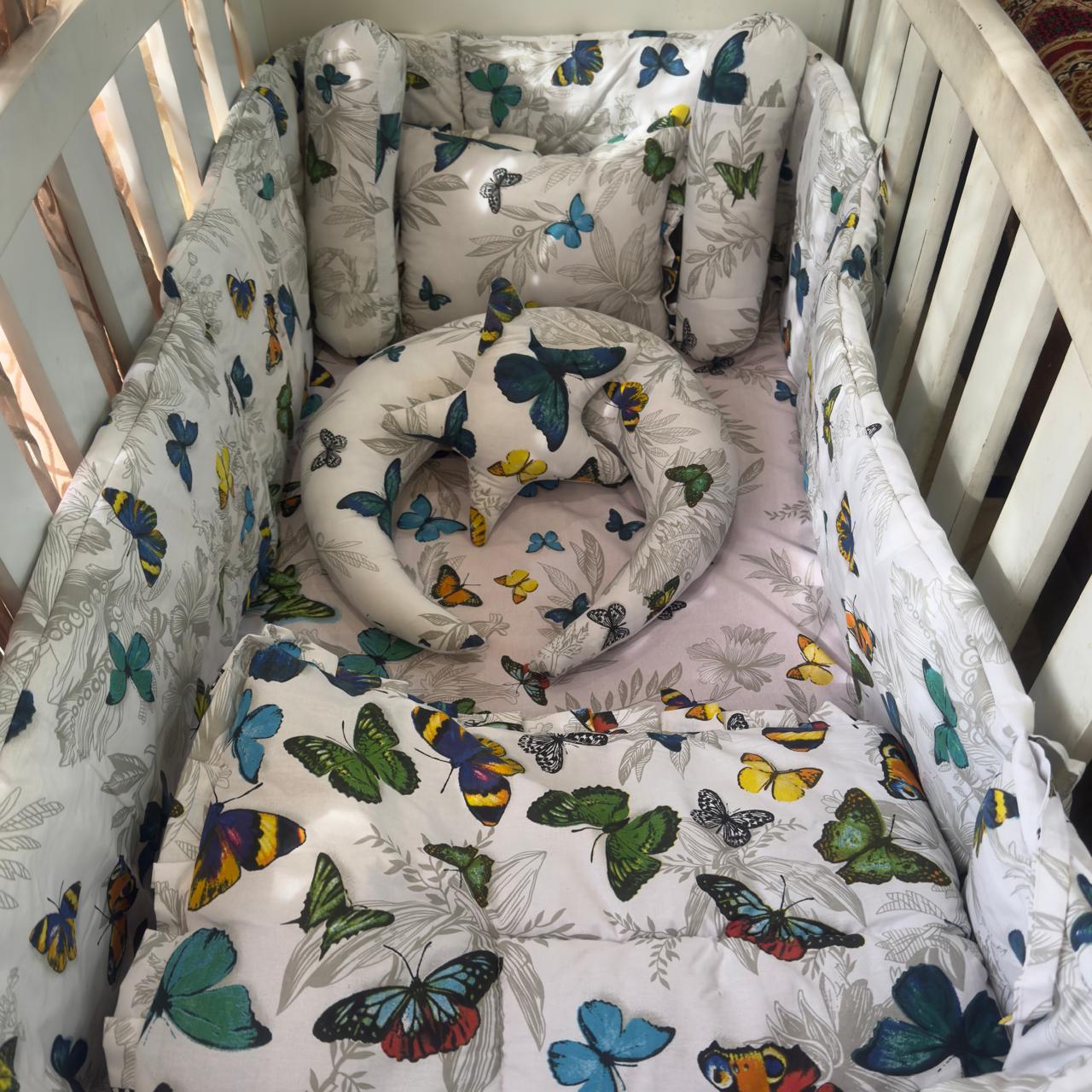 8 Pieces Cot Bedding Set - Butterfly - White