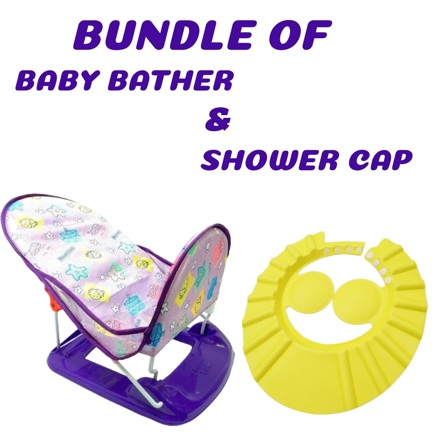 Bundle of Baby Bather & Shower Cap - Purple & Yellow