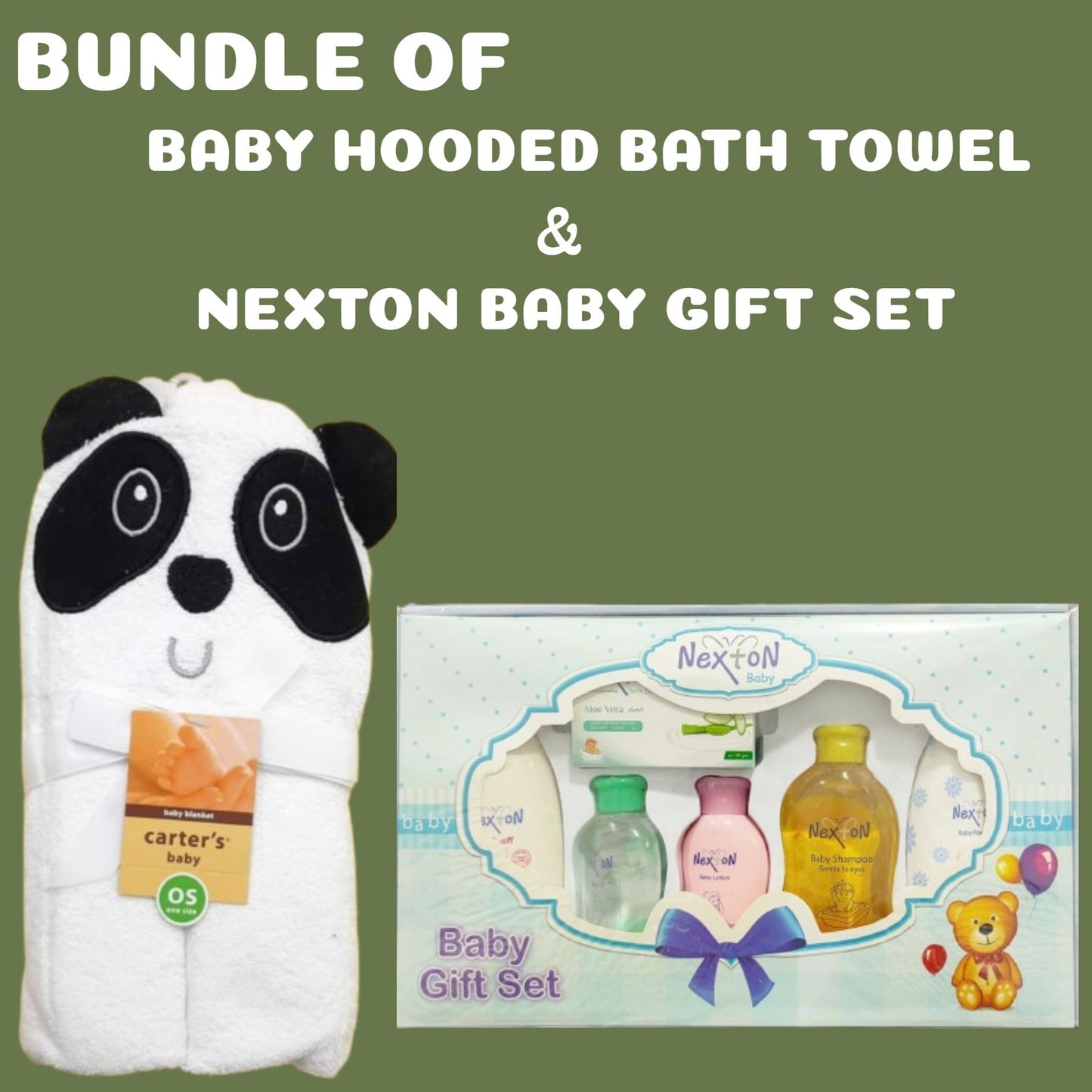 BUNDLE OF BABY HOODED BATH TOWEL & NEXTON BABY GIFT SET- WHITE - PANDA