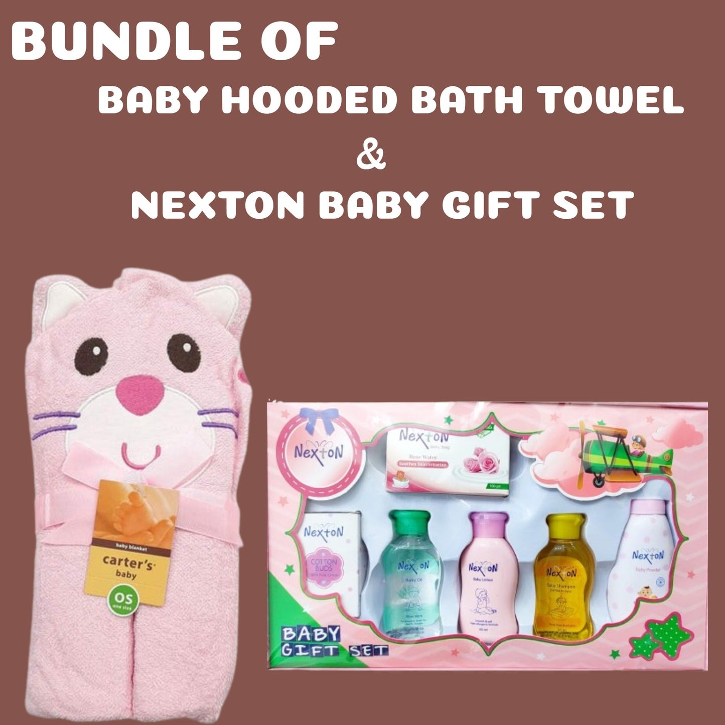 BUNDLE OF BABY HOODED BATH TOWEL & NEXTON BABY GIFT SET- PINK - CAT