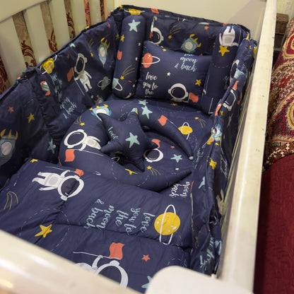 8 Pieces Cot Bedding Set - Astronaut - Blue