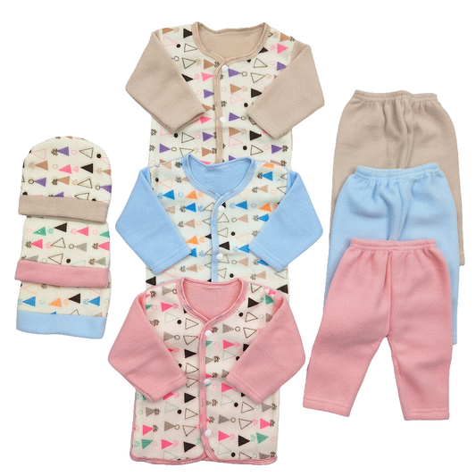 B&B - Pack of 3 Newborn Night Suits - Triangles - Pink Blue Brown