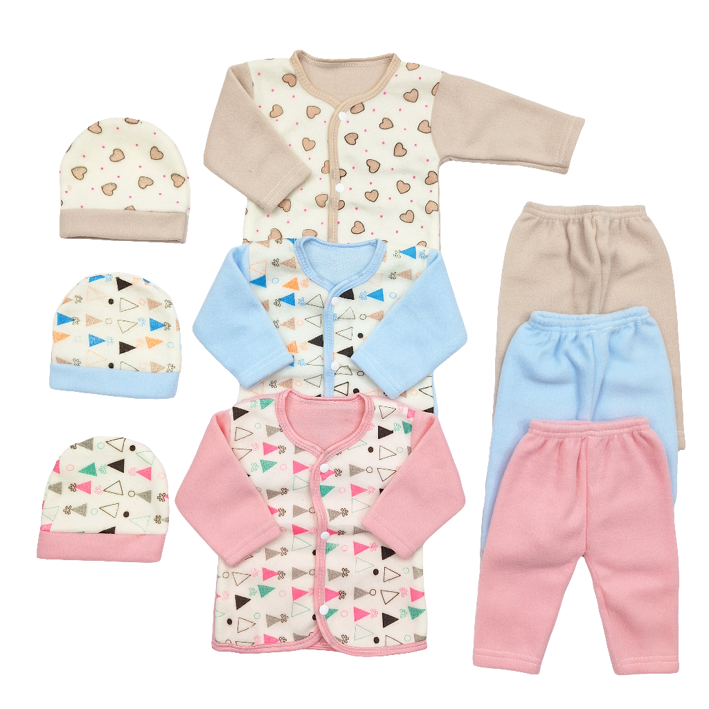 B&B - Pack of 3 Newborn Night Suits - Triangles Blue & Pink - Hearts Brown