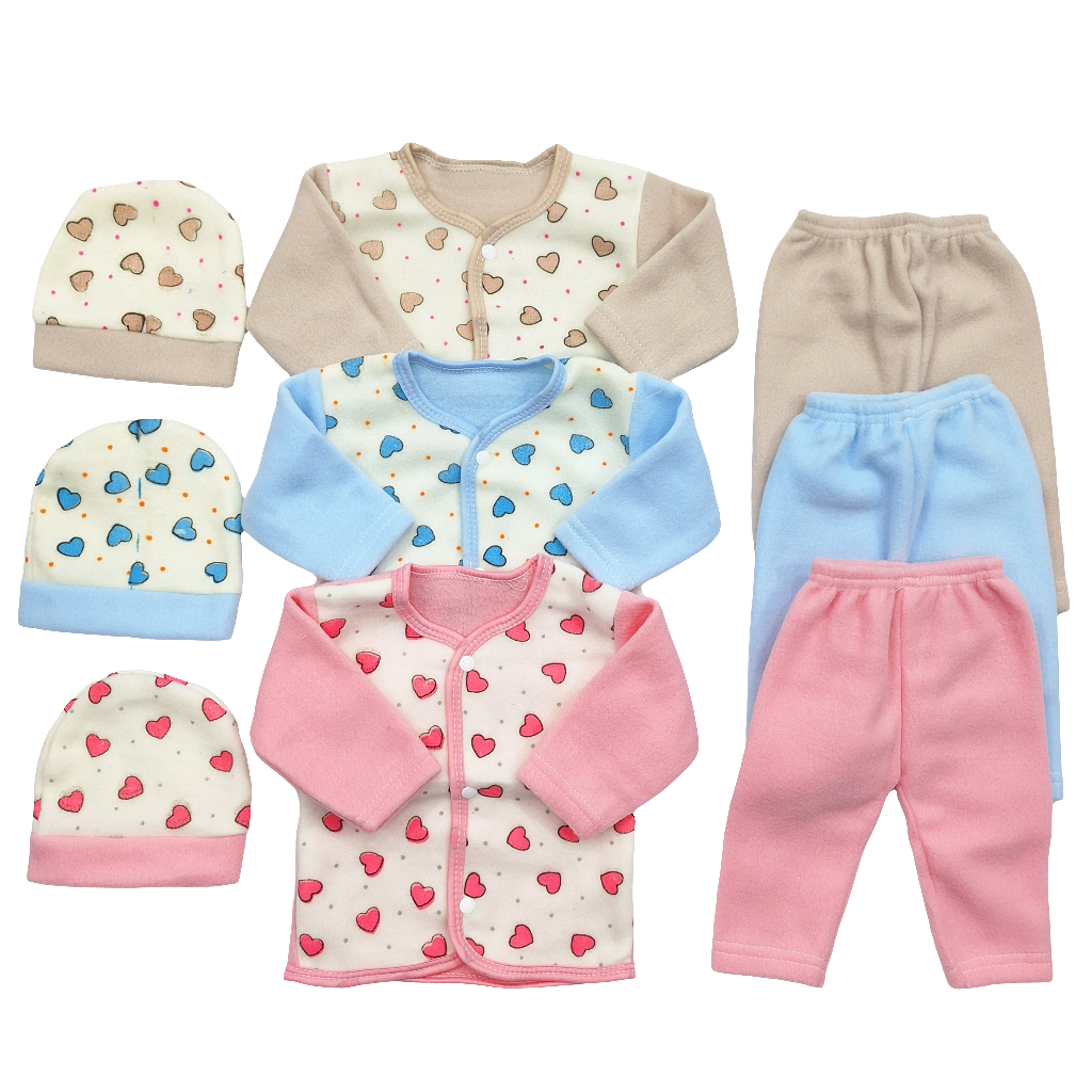 B&B - Pack of 3 Newborn Night Suits - Hearts - Pink Blue Brown