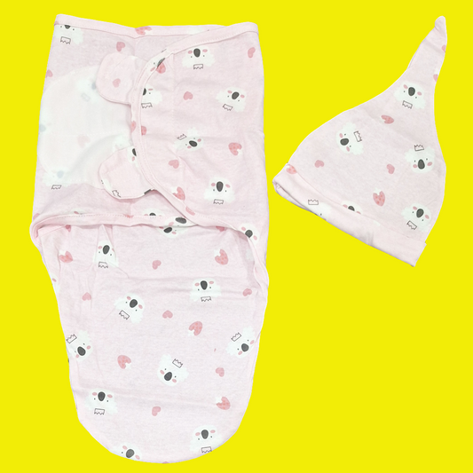 Swaddle with Cap - Bear & Hearts - Pink