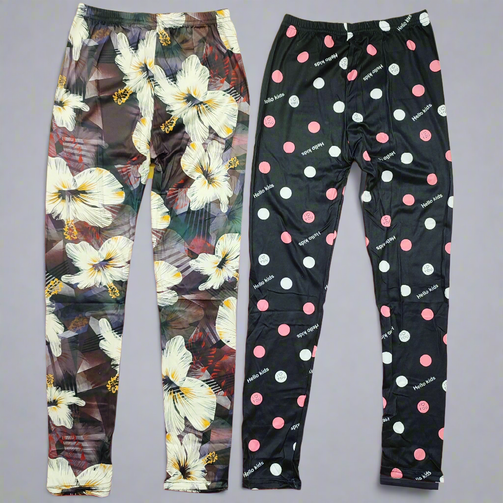 Bundle of 2 - Printed Tights - Black Circles & Off White Flowers - 8 to 10 Years